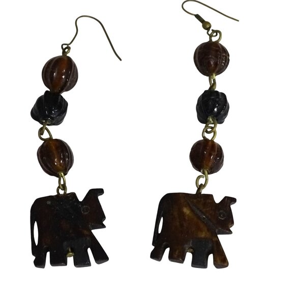 Wooden Elephant Dangle Hanging Earrings Brown Beads Gold Tone 3.5 inch - Picture 3 of 5
